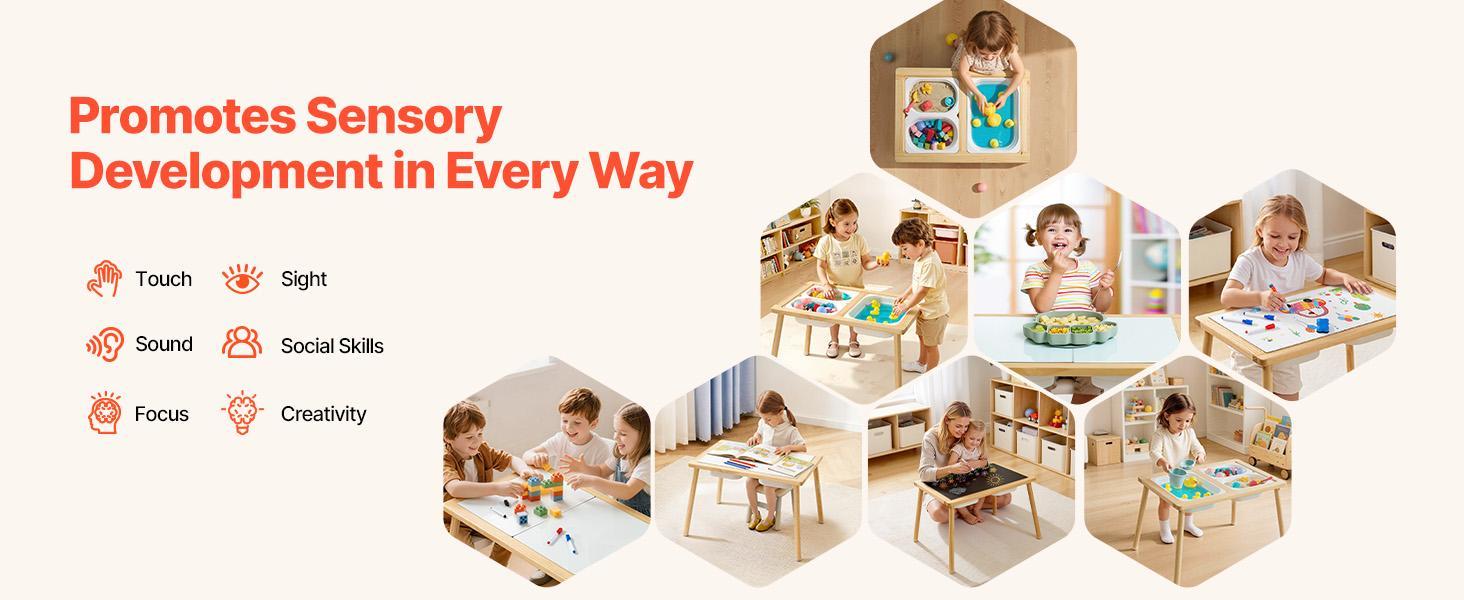 VEVOR Sensory Table for Toddlers, Wooden Kids Activity Table with Reversible Double-Sided Board, Storage Bins, and Non-Slip Feet, for Boys and Girls Playing Sand and Water, Drawing, Studying, Dining
