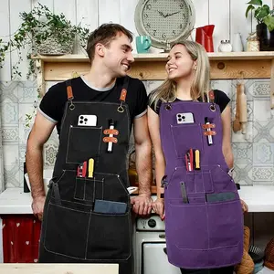 Unisex work apron, 9 pockets, crisscross straps, cotton canvas—carpentry/kitchen cooking tool apron