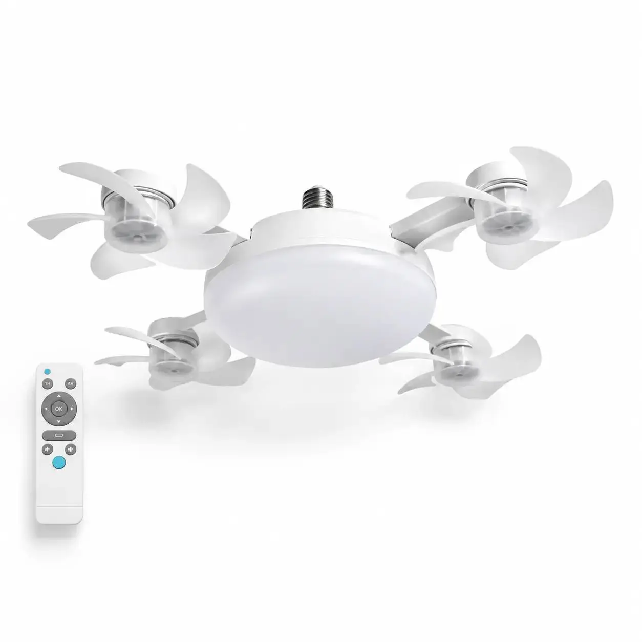 Smart Ceiling Fan Light with Remote Control - White, 4 Fans, and 1 Light Bulb, Ideal for Home Use-Fix Stuffy Bedrooms Instantly｜Socket Mount Silent Fan LED Light Combo