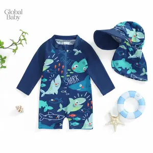 Global Baby Toddler Boy Rash Children Swimsuit Boys  Swimsuit Girls Baby Half-Open Zipper Breathable Swimsuit Sunscreen Long-Sleeved Baby Swimsuit with Hat 2 Pcs Set Fish Shark