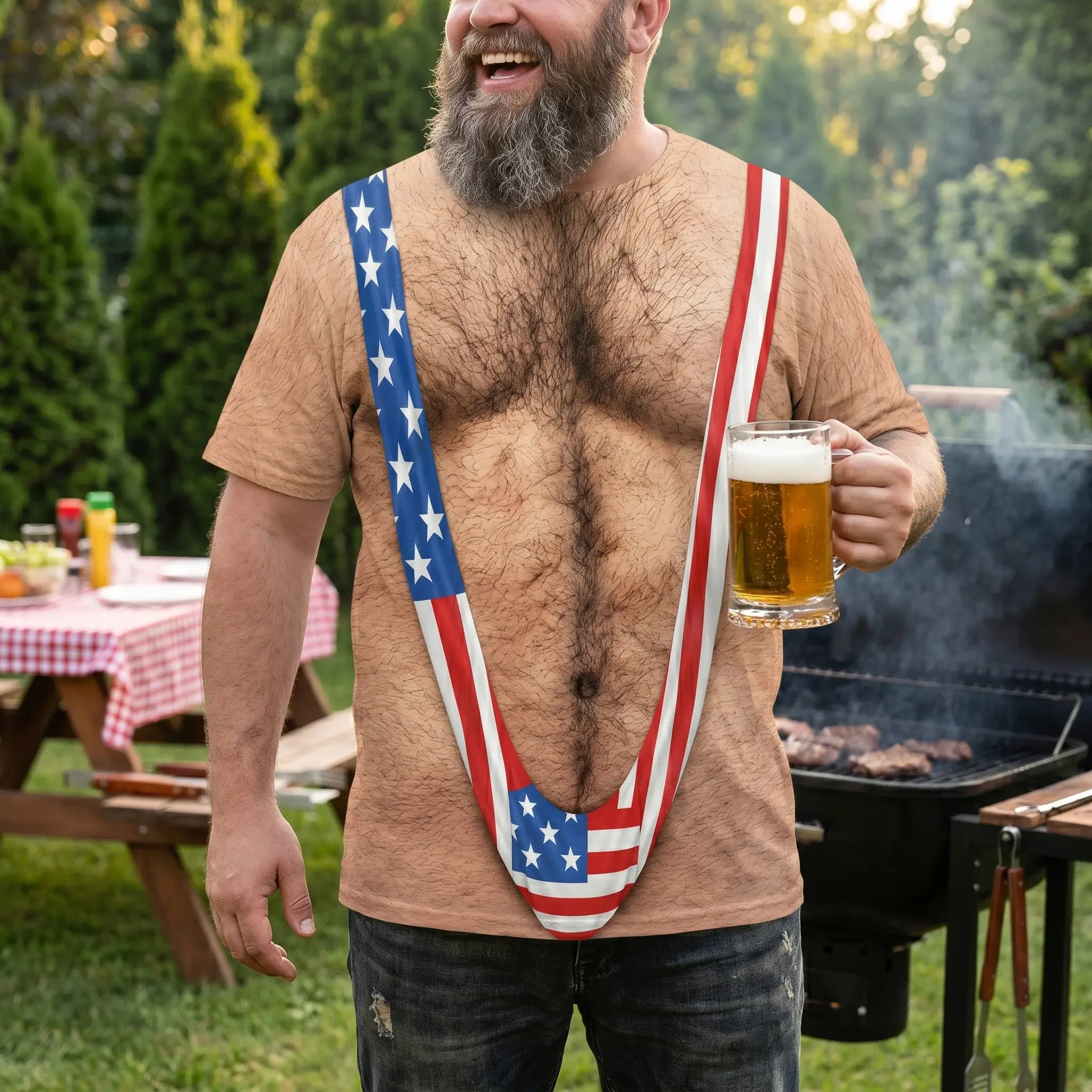Hairy Body Funny Print Patriotic T-Shirt, Funny Patriotic Tee, USA Flag Costume Shirt, 100% Polyester - Soft & Comfortable for Everyday Wear, Gift Idea for Men