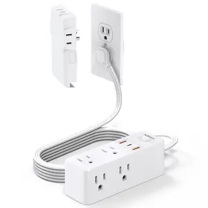 Surge Protector 5FT Flat Cord with Outlet Cover, 6 Outlets, 3 USB, Hidden Wall Mount Extender for Tight Spaces, White Home Office Dorm Kitchen Power Outlets Strip