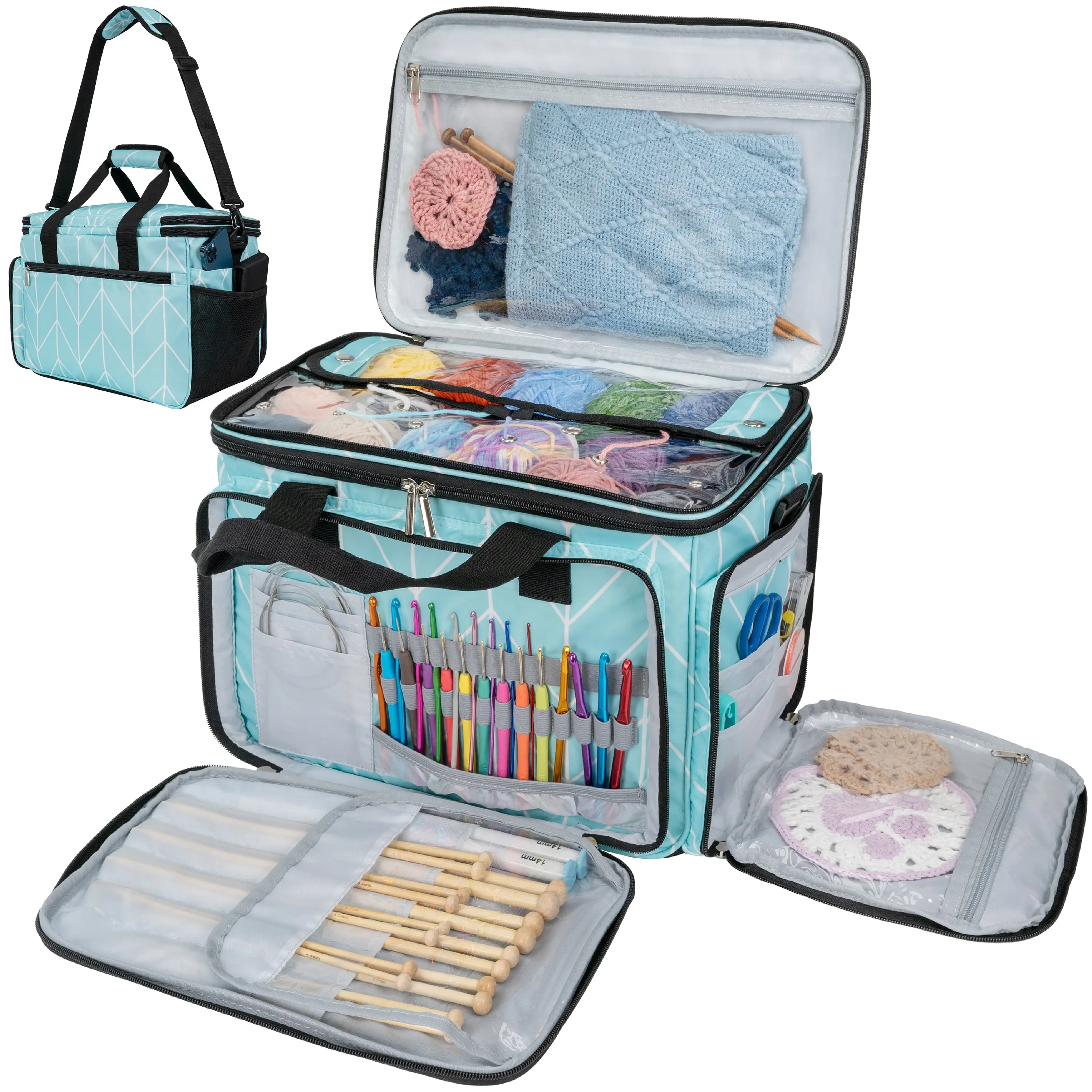 PAVILIA Knitting Bag Yarn Storage Tote, Large Crochet Organizer Bag, Yarn Storage Holder for Crocheting Knitter, Knitting Project Bag, Crochet Accessories Set, Gifts For Crochet Lovers
