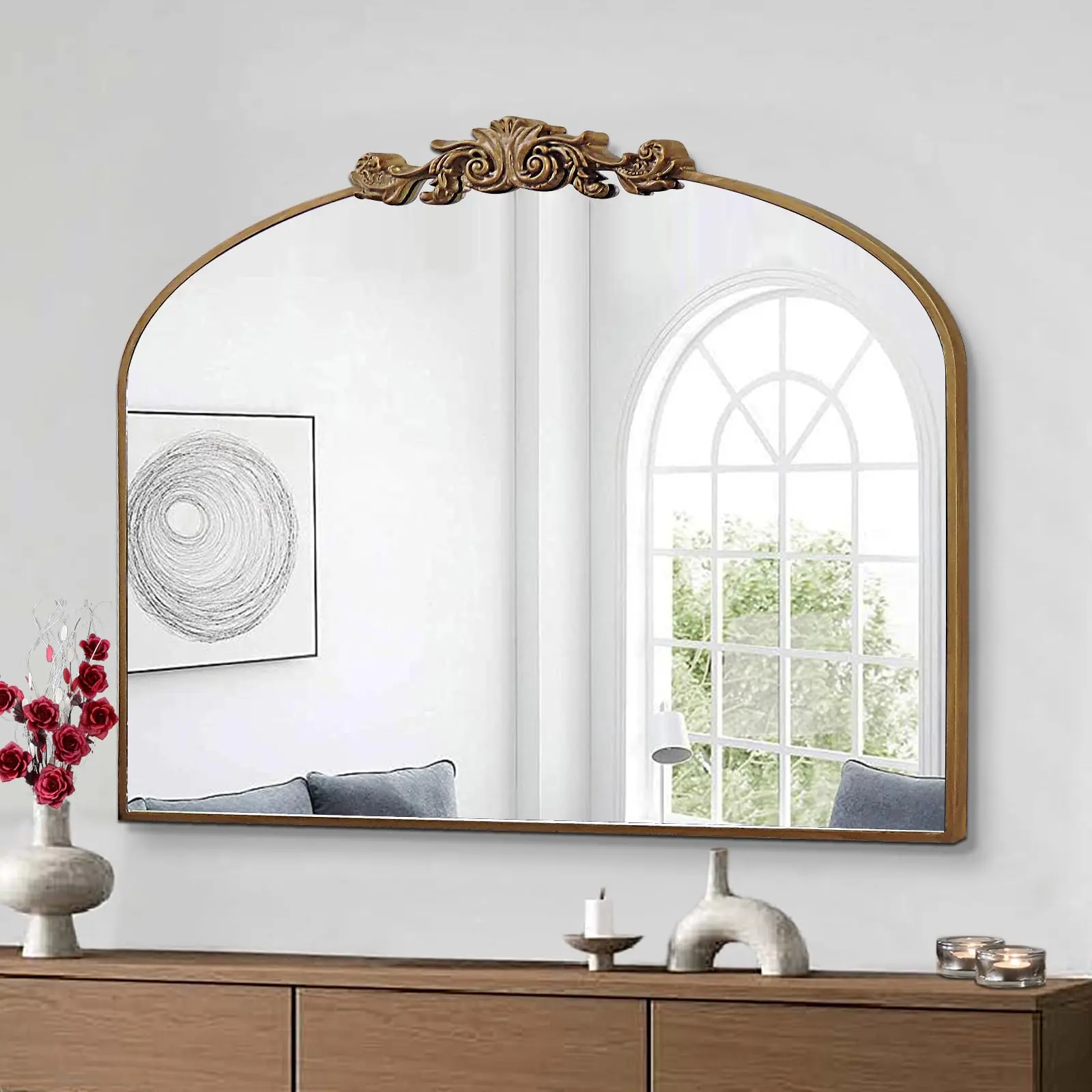 Gold Arched Mirror, 36"x29" Antique Bathroom Mirror with Wooden Frame, Vintage Ornate Baroque Decorative Mirror for Entryway, Fireplace, Living Room structure sturdy Wreath Glass Wall men accessories full length mirror