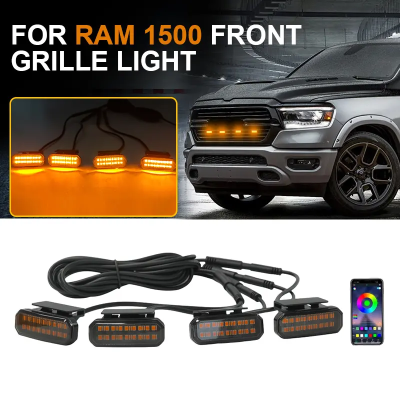 18-LED Front Grille Daylight Run Lamp for RAM 1500 Pickup, 12V Amber Led Car Lights with Plug-In Install, ABS+PMMA Smoked Yellow Shell Wheel Eyebrow Warning Lamp for Off-Road Vehicles