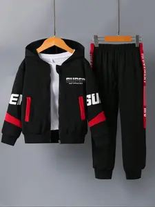 Boys' Fall Sports Set Super Print Sporty Design Zipper Jacket, Warm Mid-Long Outerwear for Kids, Stylish Active Wear for Boys
