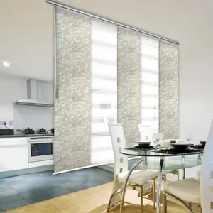 5-Panel Single Rail Panel Track Blind Extendable 58"-110"W x 91.4"H, Panel width 23.5", Macadamia, Abelia