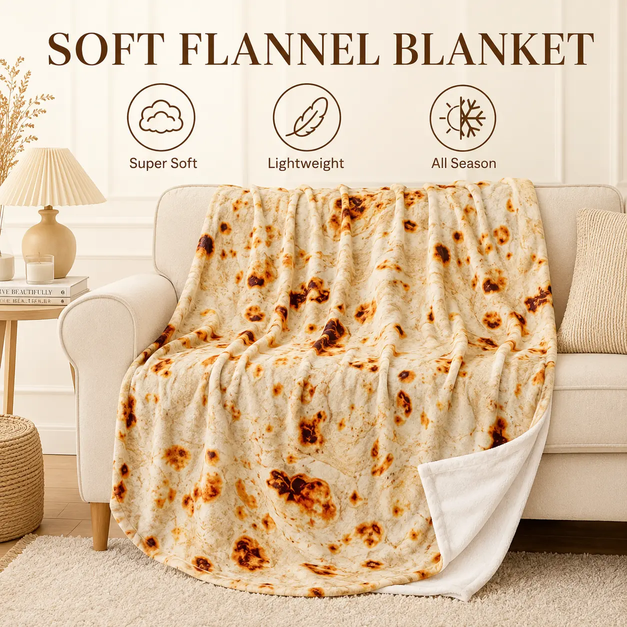 Classic Funny Tortilla Flannel Throw Blanket - Soft Lightweight, Realistic Mexican Food Printed Art, 1-Sided Design with Plain White Reverse, Multi-Size, All-Season Use Home Decor Gift for Adults, Cold Machine Washable Bed Couch Accessory