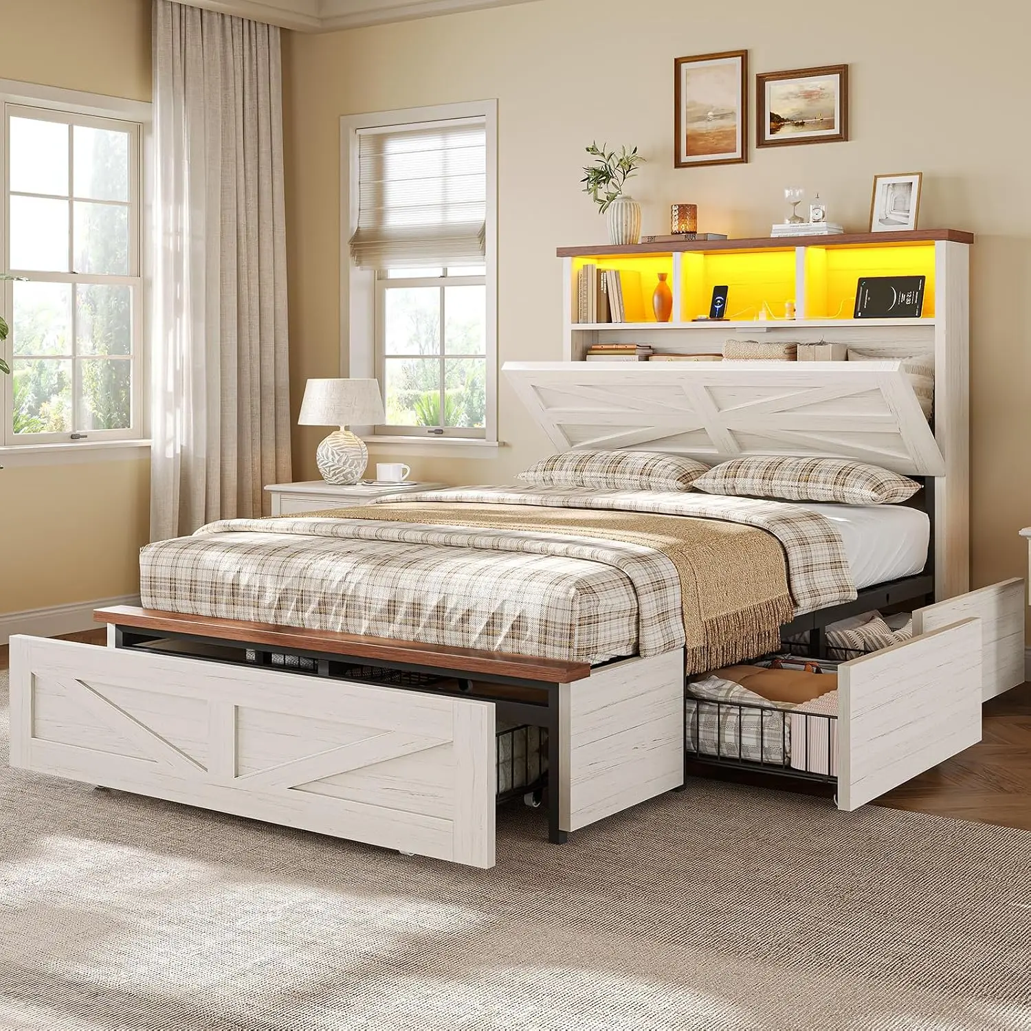 VIAGDO Twin Bed Frames with 5 Drawers, Farmhouse Bed Frame with Barn Door Headboard and Storage, Wood Platform Bed Frame Twin Size with Charging Station and LED Lights, No Box Spring Needed, White,dorm essentials,home decor