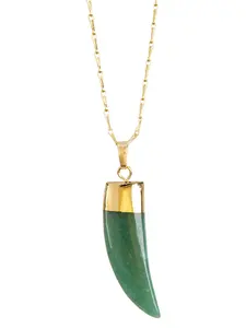 Green Aventurine Horn Pendant Long Necklace, Natural Gemstone Jewelry For Women Gift, August Birthstone Jewelry