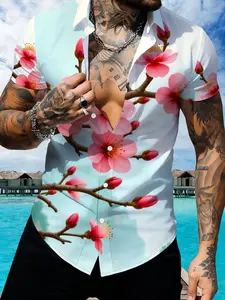 Men's Summer Print Short Sleeve Shirt, Cherry Blossom Pattern Casual Shirt, Fashion Beach Vacation Men's Wear