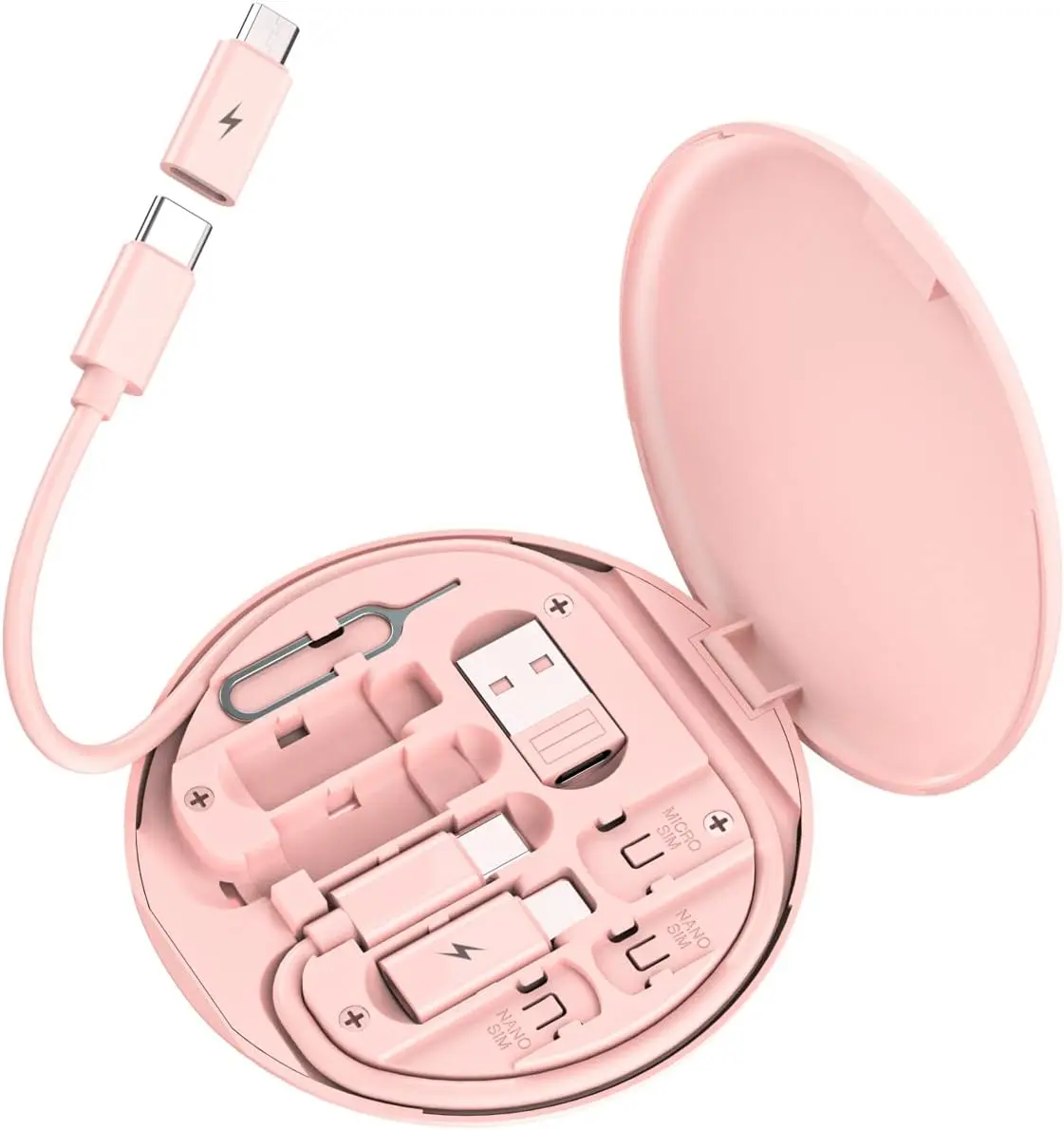 Multi USB Charging Adapter Cable Kit, USB C to iOS Adapter for Travel , Conversion Set A & Type C to Male Micro /Type C/iOS Device, Data Transfer, Card Storage, Tray Eject Pin, Phone Holder (pink)