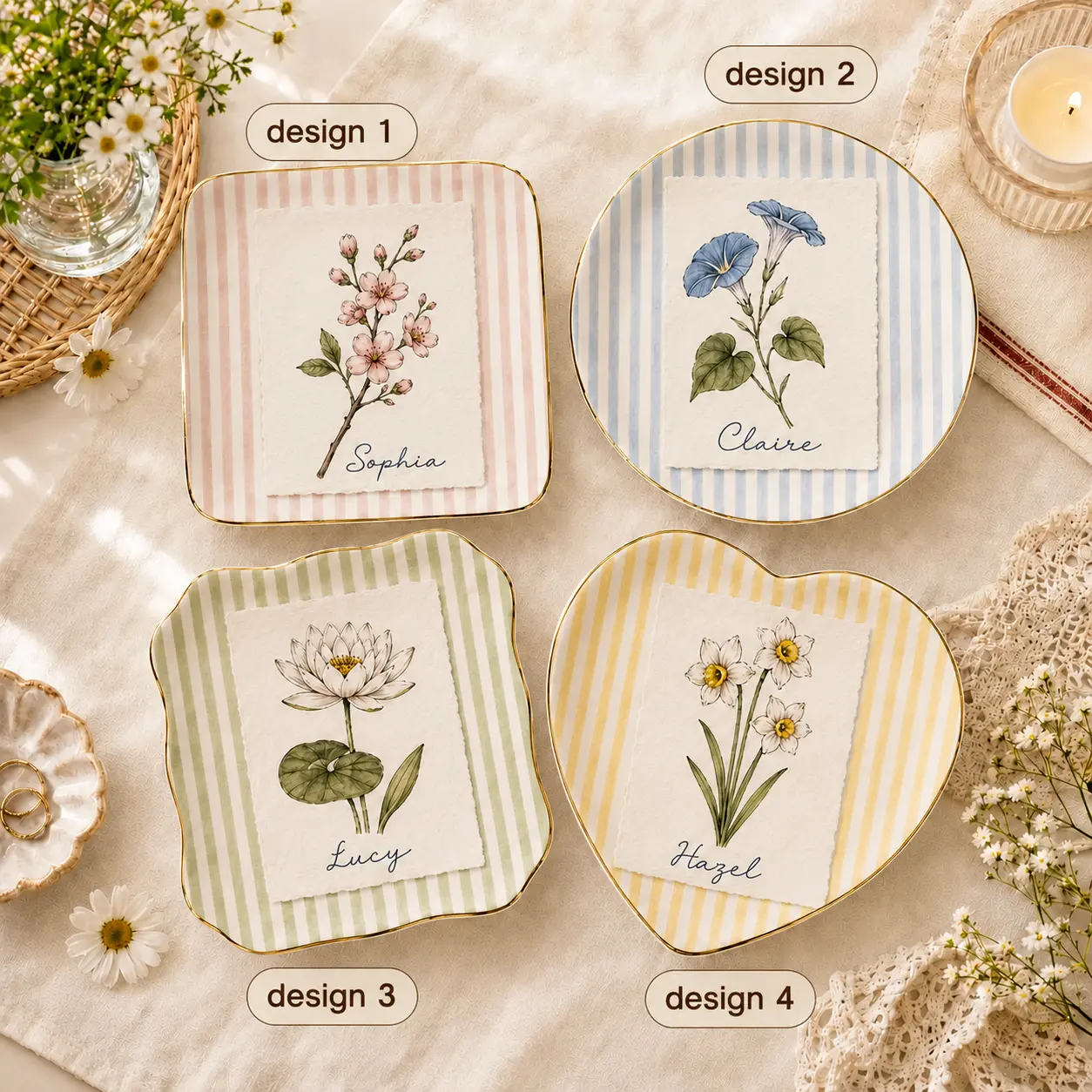 Personalized Birth Flower Ring Dish, Custom Name Jewelry Tray, Floral Trinket Dish, Bridesmaid Gift