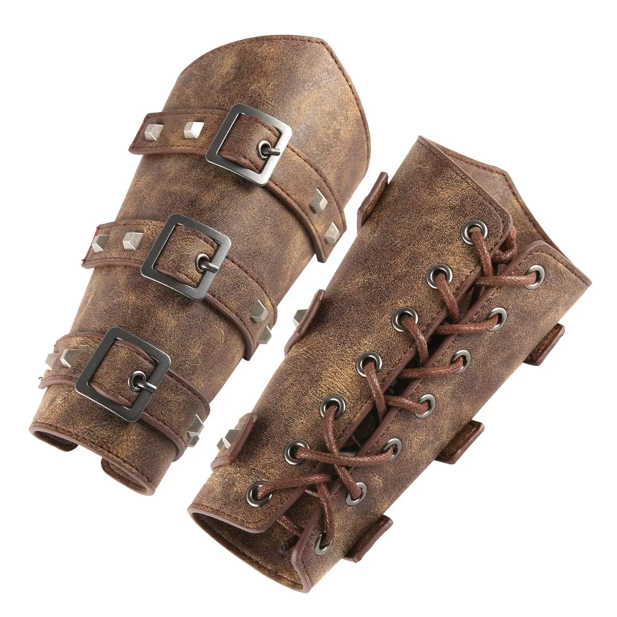 HZMAN Adult Faux Leather Arm Guards - Medieval Leather Belt Buckle Bracers, 1-Size Pair - Cosplay Costume Party Wear Armband Gear