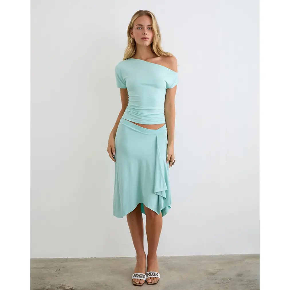 Motelrocks Women's Esmeray Slinky Wrap Midi Skirt in Aqua Rayon Jersey with a Low-Rise V-Waistband and Cascading Ruffle