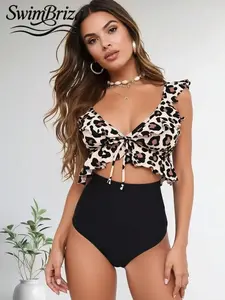 Briza｜Ruffle Cut-Out One Piece Swimsuit For Women In Leopard Print And Black High Waisted Bathing Suit Fancy Style For Vacation Swimwear For Women With Swimsuit Tummy Control And Tummy Control Swimsuits For Women With Tie Front Confidence