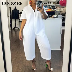 UOOZEE Women's 2026 New Summer Polyester Minimalist Solid Color Overalls - Short-Sleeve, Collared, Buttoned, Loose, Straight-Cut, With Pockets, Casual Streetwear Rompers for Women