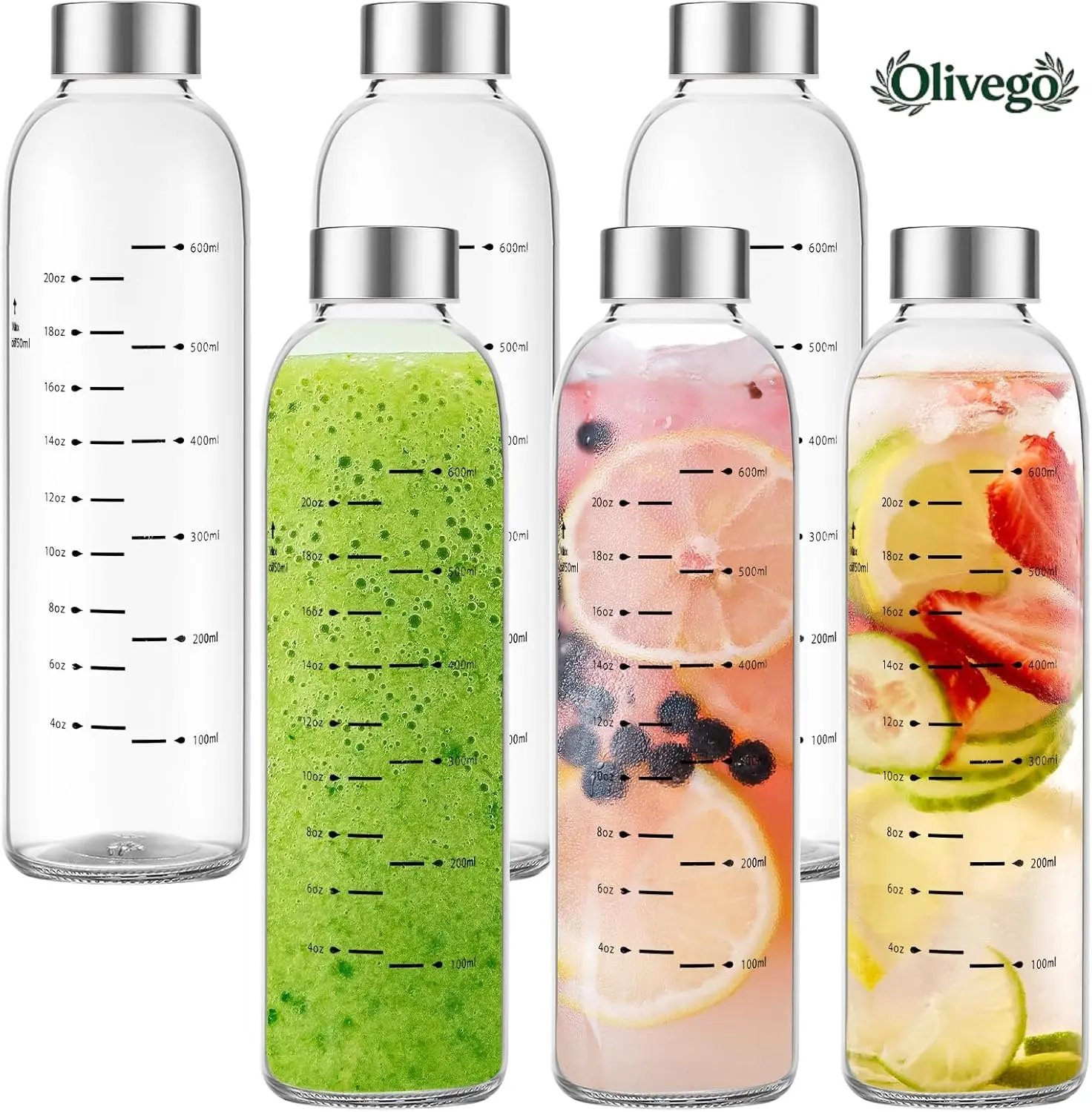 【Olivego】 Glass Water Bottles with Stainless Steel Cap 17 oz & 25 oz Clear Juice Bottles 100% Leak Proof Reusable BPA-Free for Juicing Refrigerator Storage On-the-Go Hydration - Drinkware,Gift for Him & Her