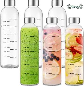 【Olivego】 Glass Water Bottles with Stainless Steel Cap 17 oz & 25 oz Clear Juice Bottles 100% Leak Proof Reusable BPA-Free for Juicing Refrigerator Storage On-the-Go Hydration - Drinkware,Gift for Him & Her