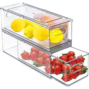 2 Pack Fridge Organizers and Storage with Pull out Drawer, Stackable Storage Drawer, Clear Refrigerator Organizers,  for Kitchen Cabinet Pantry,3.14QT