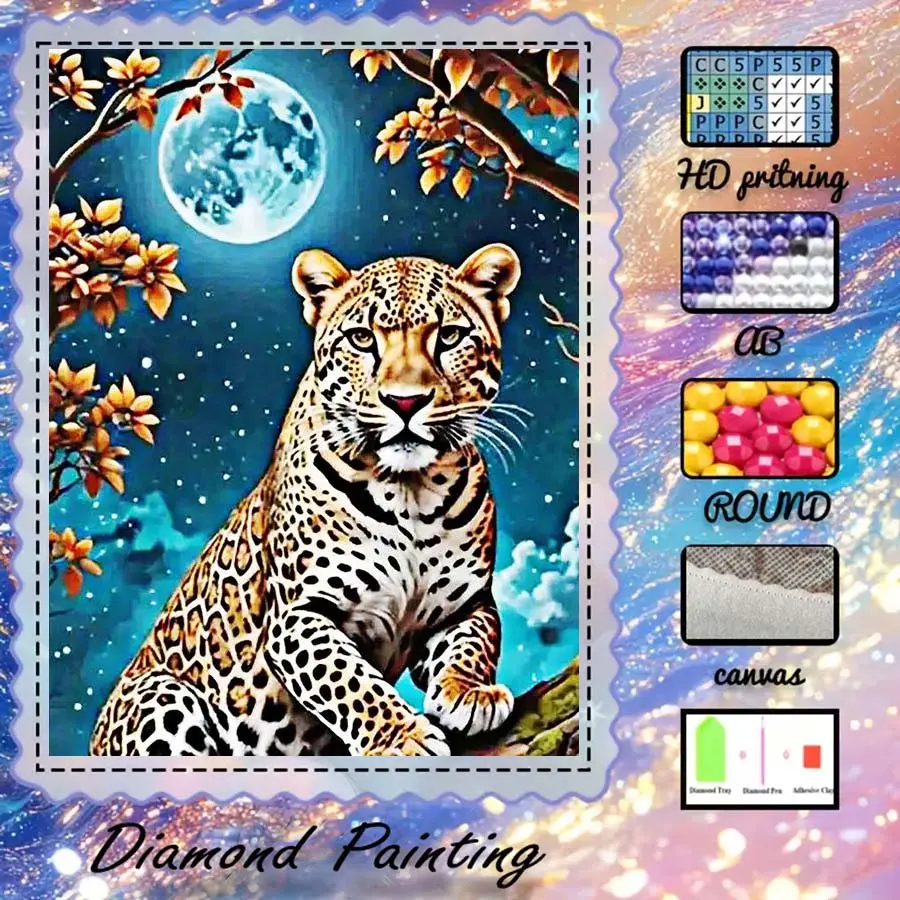 DIY 5D Velveteen Diamond Painting Kit, AB Diamonds, Fairy Dust Diamonds, Crystal Diamonds Leopard, Moon, Branch Diamond Embroidery, Special Craft Diamond Art Kit, Wall Decor, Gift for Family, Loved Ones, and Friends, Handmade Gifts.