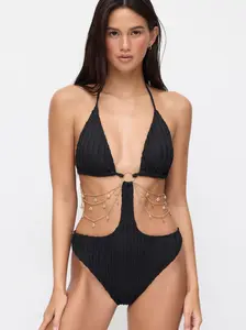 Shaping Lettuce Trim Cut Out Shell Chain O-Ring One Piece Swimsuit