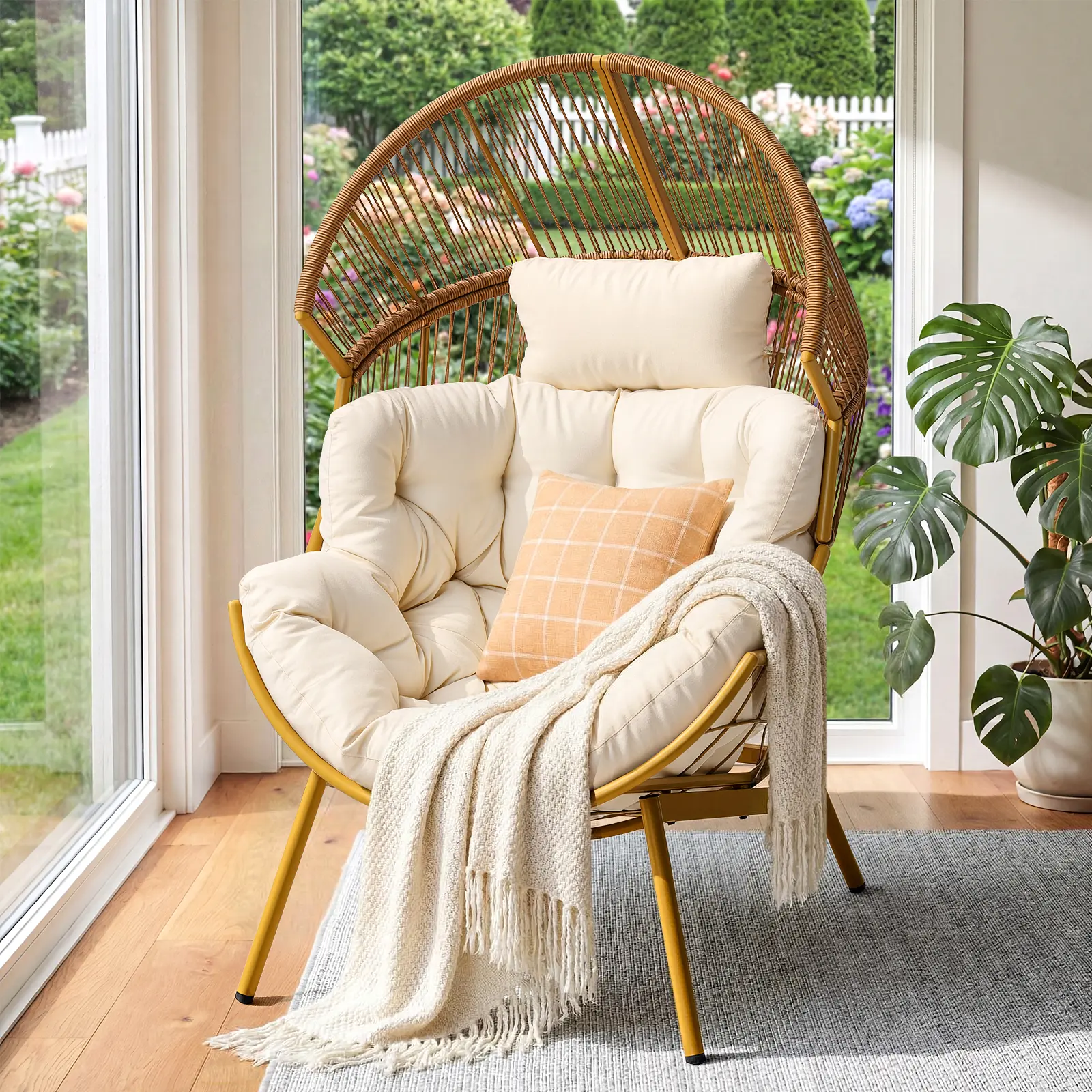 ONBRILL Egg Chair for Outdoor & Indoor, Patio Wicker Chair with Thick Cushion, Oversized Rattan Chairs for Balcony, Porch & Backyard, 550 LBS Heavy Duty & Comfy Basket Chairs for Living Room, Bedroom