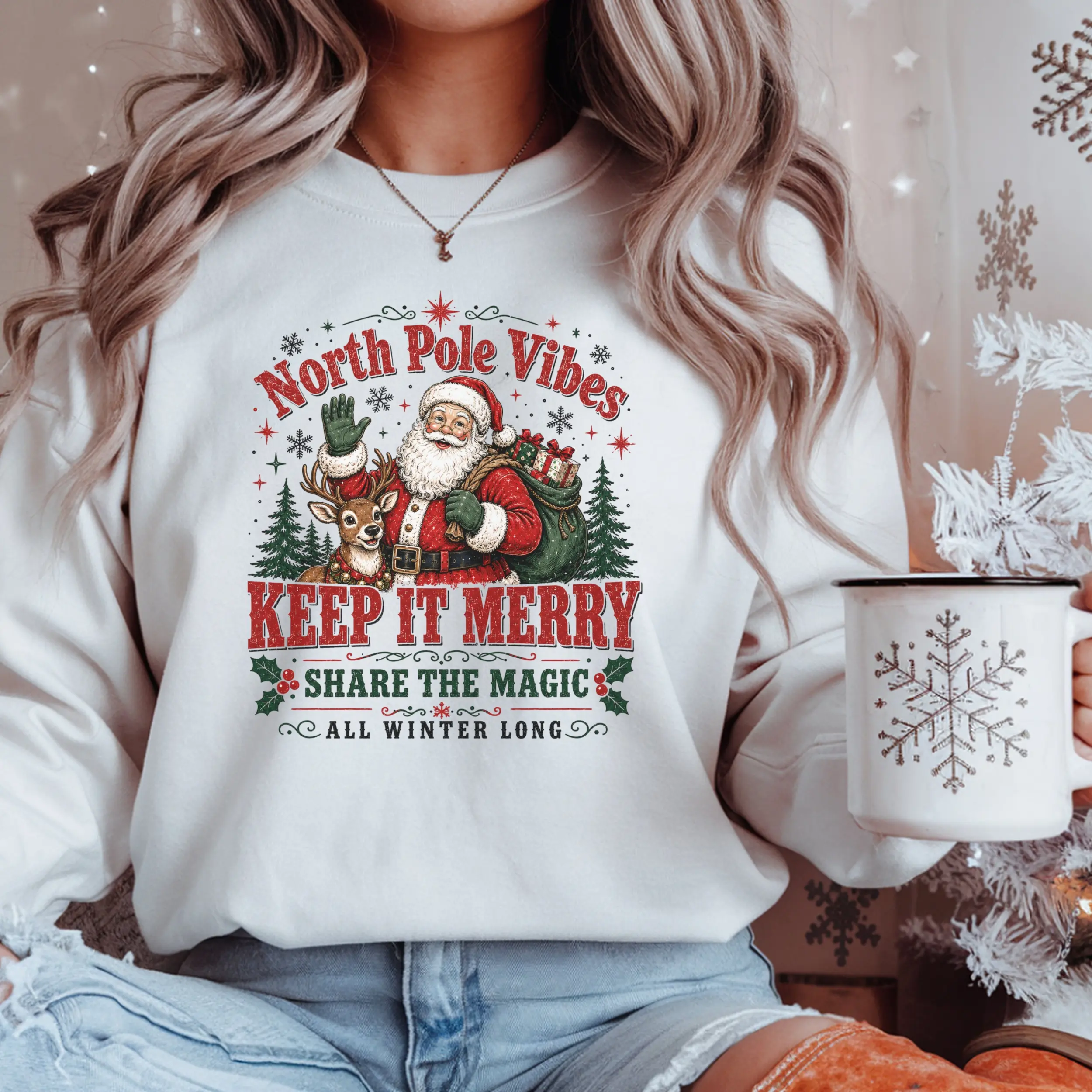 Men's Santa "North Pole Vibes - Keep It Merry" Regular Fit Crewneck Sweatshirt, Long Sleeve Shirt, Graphic Long Sleeves