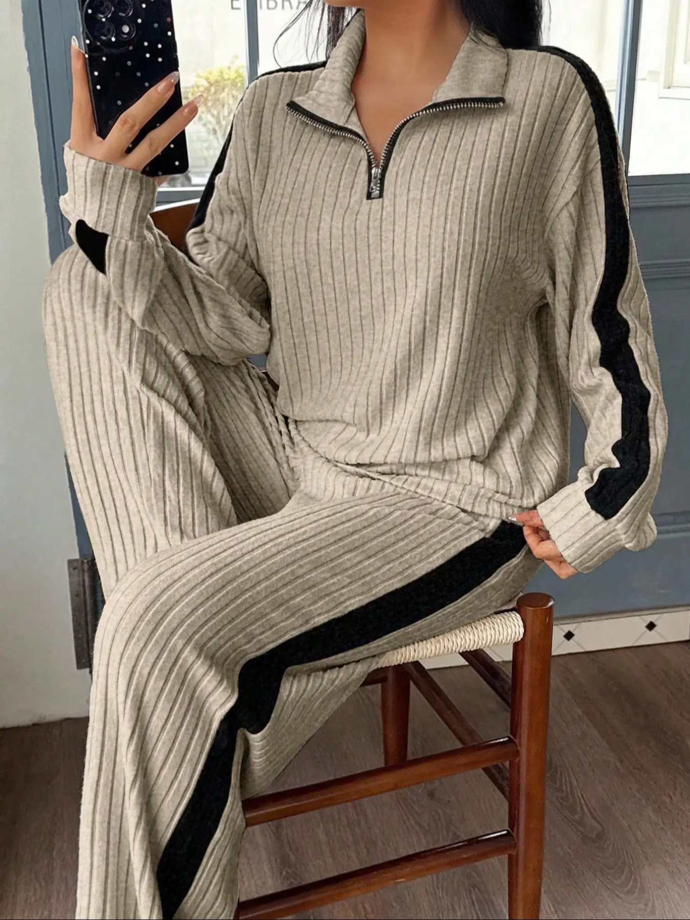 Women's Casual Colorblock Patchwork Half-Zip Long Sleeve Top and Wide Leg Pants Set, Casual Outfits Women, Fit, Fall & Winter Home Wear, Comfortable, Clothing Sets, Womenswear