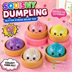 2026 New Glitter Dumplings with Steamer Box, Soft Sensory Fidget Bun Squeezer, Stress Relief Tool, Cute Office Desk Decor, Relaxation Accessory