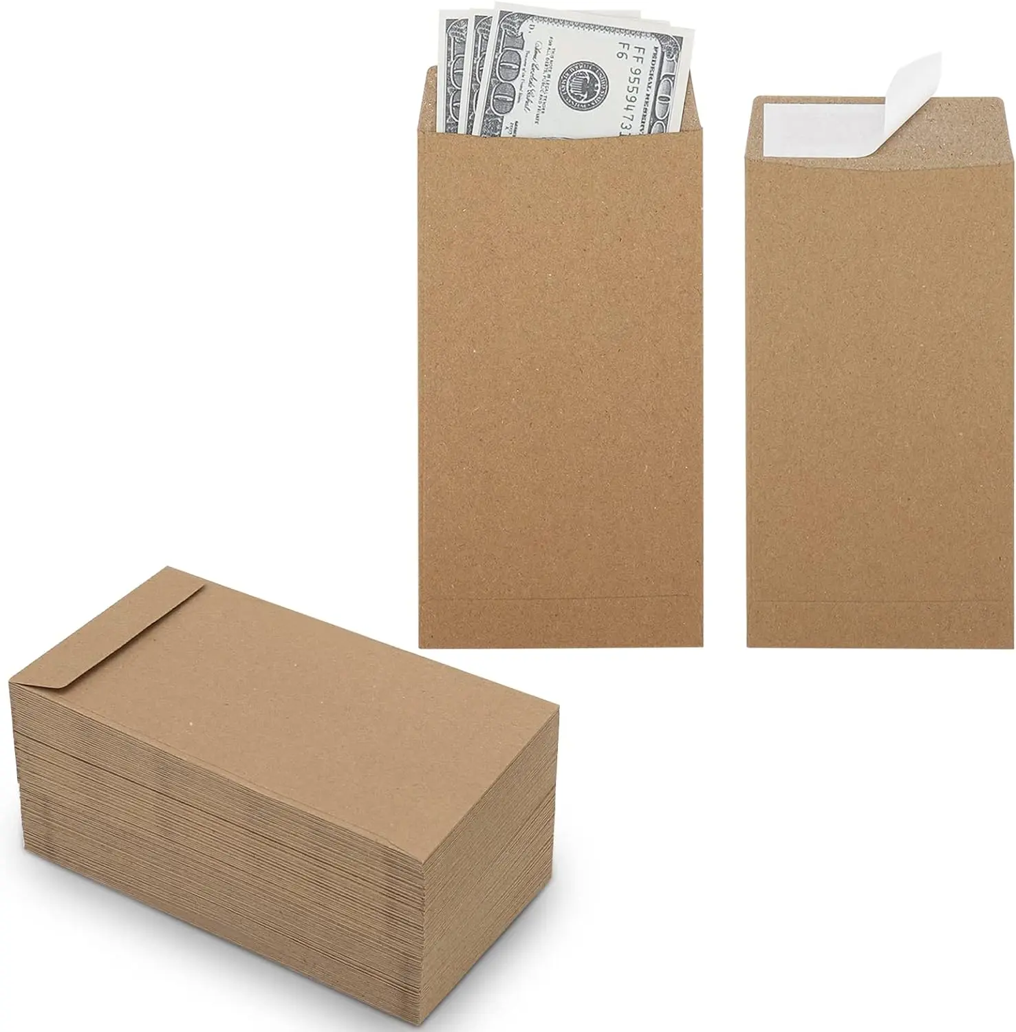100 Pack Kraft Cash Envelopes for Budgeting, 6.7 x 3.5 Inch | Large Pack of Self-Adhesive Money Envelopes for Cash or Coins | Organization Envelopes for Checks, Jewelry, and Small Items