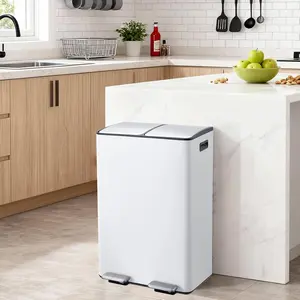 16 Gallon Plastic Kitchen Trash Can, Step-On Pedal, Soft-Close Lid, Liner Rim, Rear Handle, Durable & Rustproof for Home or Office, White