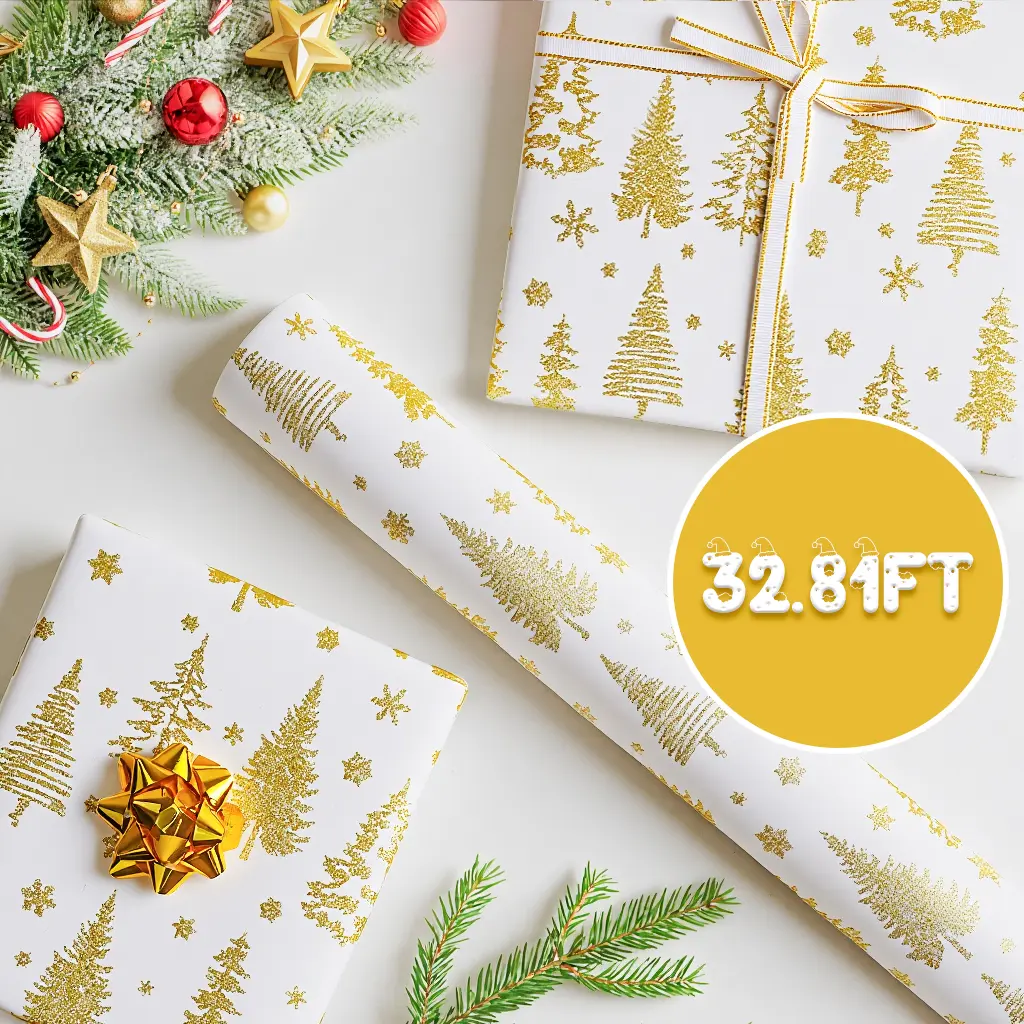 3D-Embossed Gold Foil Christmas Tree Kraft Paper, Festive Winter Holiday Gift Wrapping & Xmas DIY Crafts Supply, 25 inches Wide x 32.81 ft Long, Gift for Friends, 32.81 Feet Long