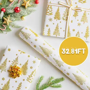 Christmas Gift Wrapping Paper,Xmas Tree Printed Tissue Paper Gold Decorative Tissue for Winter Holidays Birthday Xmas DIY Craft 25 in*32.81FT