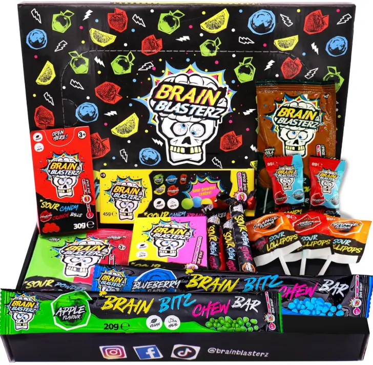 Brain Blasterz Sour Candy Gift Box – 15 Individually Wrapped Assorted Bulk Candy Variety Pack, Vegan, Fathers Day Gift for Men, Halloween Candy, Christmas Gift Idea