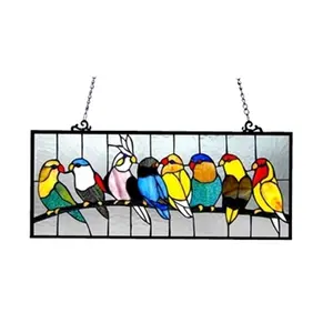 212 MAIN Handcrafted Vintage Glass&Copper Metal Frame Hanging Tiffany Window Panel, 25.5x10.5in Colorful Indoor Lighting Decor with Birds for Baby Room Decoration