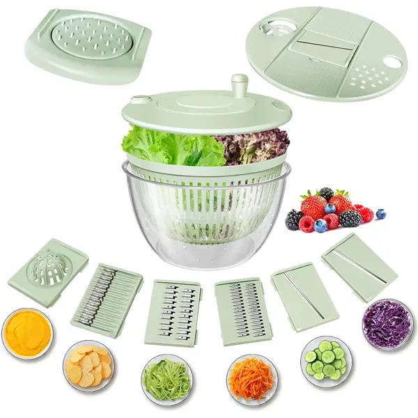 6-in-1 Manual Salad Spinner with Vegetable Slicer Cutter Set, Large 5.3QT Transparent Salad Dryer Basket, Multifunctional Veggie Shredder Grater Slicer Dicer, Kitchen Fruit Washer Drain Bowl for Salad Potato Cucumber Carrot, Fruit Vegetable Drain Basket