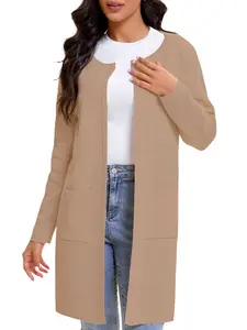 Women's Open Front Coatigan Sweater Long Sleeve Casual Knit Lapel Cardigan Coat with Pockets