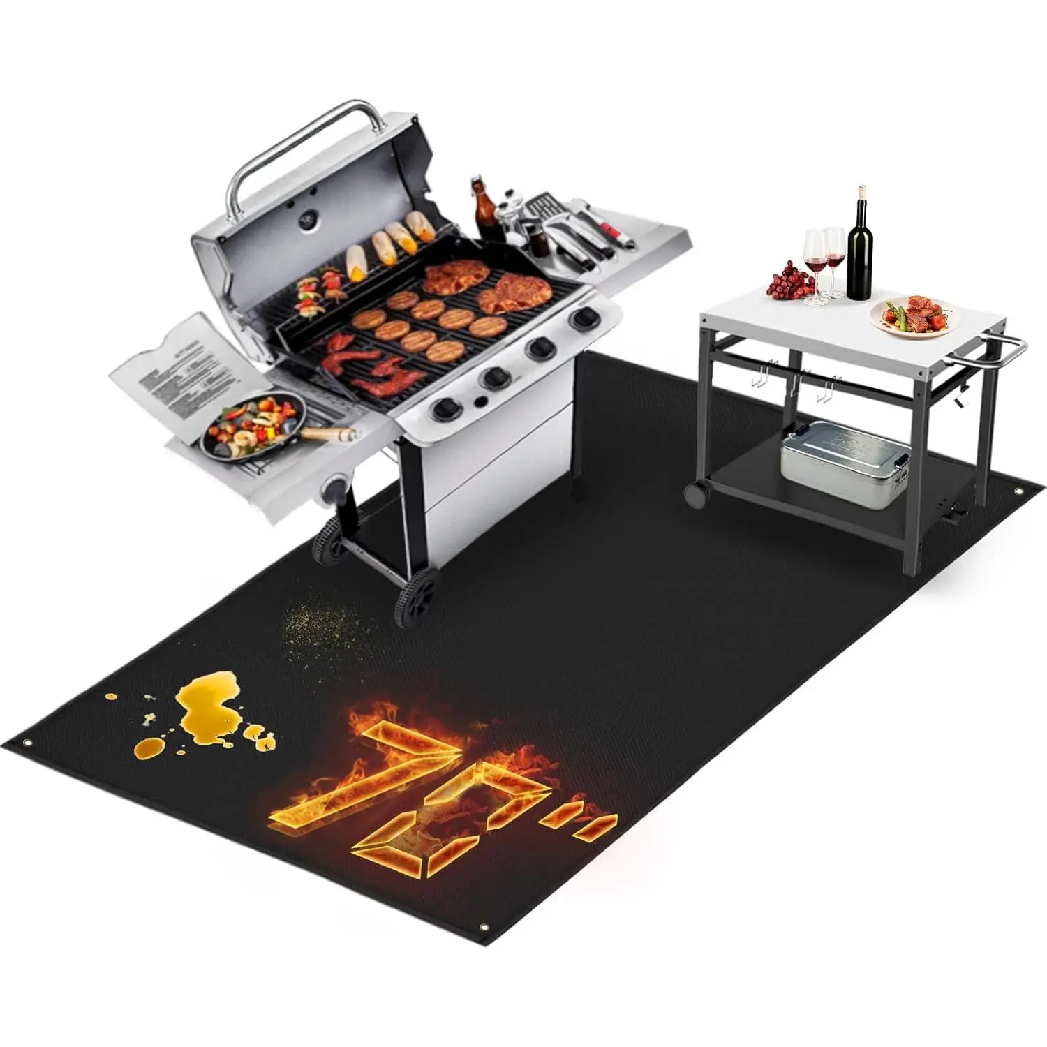 70x40in Fireproof BBQ Grill Mat, Waterproof Oil-Proof Floor Protector with Stakes & Storage Bag for Patio, Deck,Lawn, Backyard Fire Pit Pad with Stakes & Storage Bag