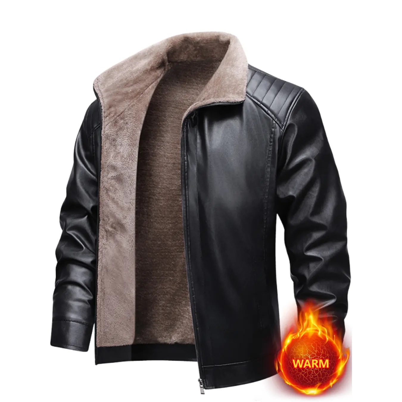 Men's Fashion Woven Faux Leather Jacket - Long Sleeve Winter Outerwear, Warm Fleece Lining, Zipper Front, Fitted Casual Everyday Top