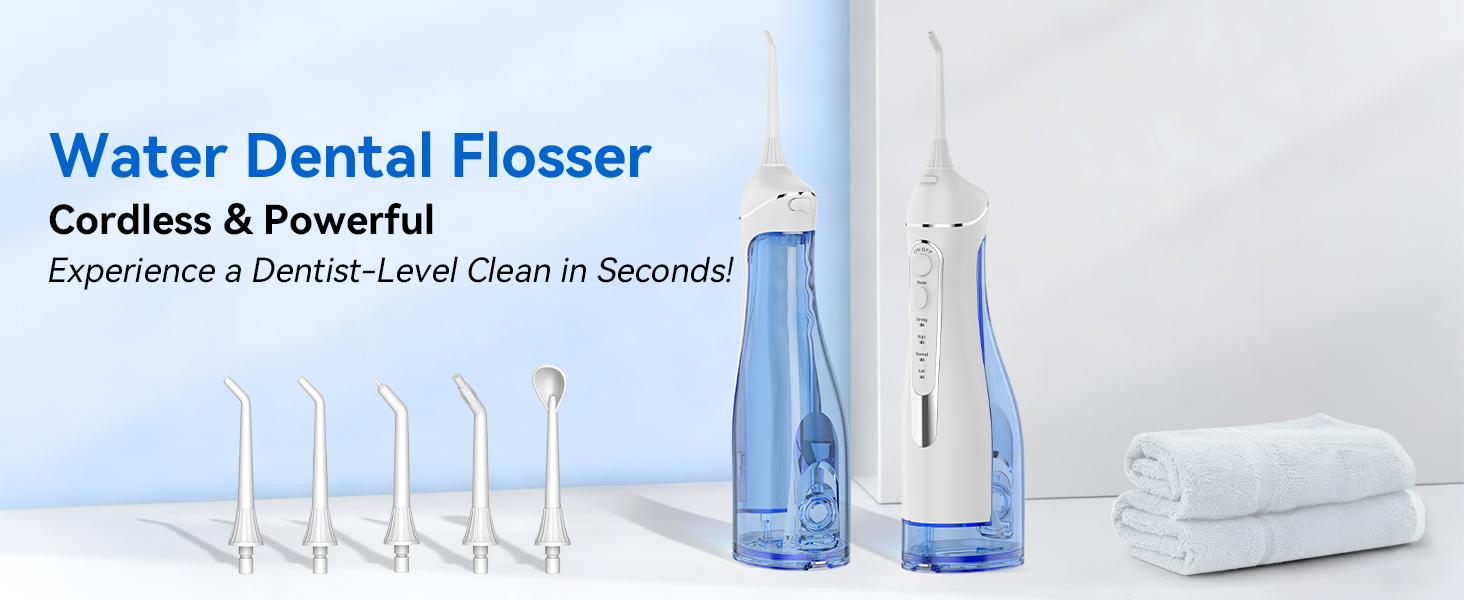 Water Flosser for Teeth Cleaning: Cordless Portable Water Dental Pick, 4 Modes Rechargeable Oral Irrigator with 5 Nozzles, 300ML IPX7 Waterproof Electric Flossers for Braces, Travel & Home Use, White
