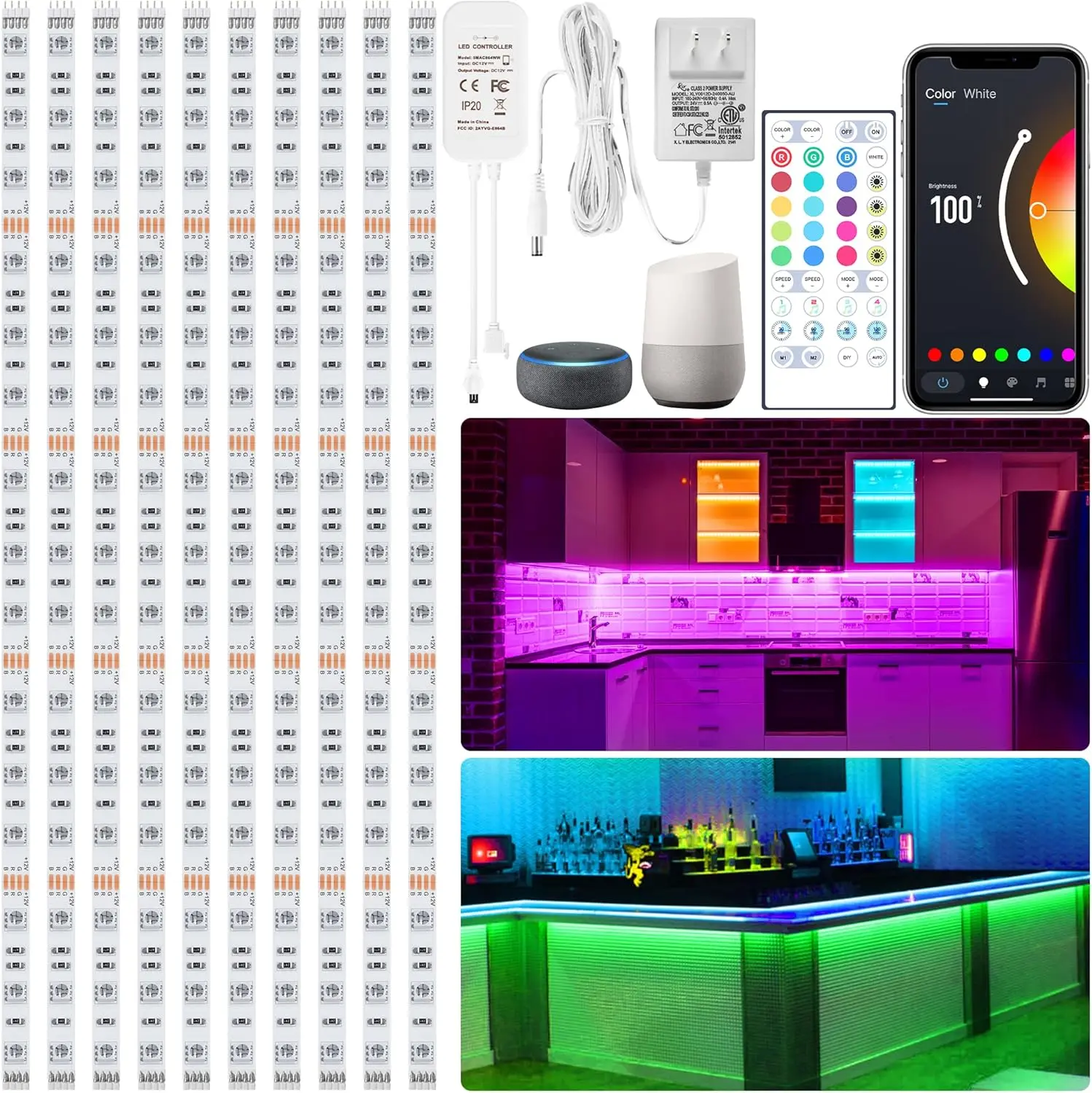 10 PCS 20In Smart RGB Under Cabinet Lights Kit, Work with Alexa and Google Assistant, App and Remote Control, Music Sync Color Changing, Timer, Dimmable, for Cabinet, Counter, Shelf, Bookcase, Color-Adjustable Under-Cabinet Lights, Dimmers Under-Cabinet L