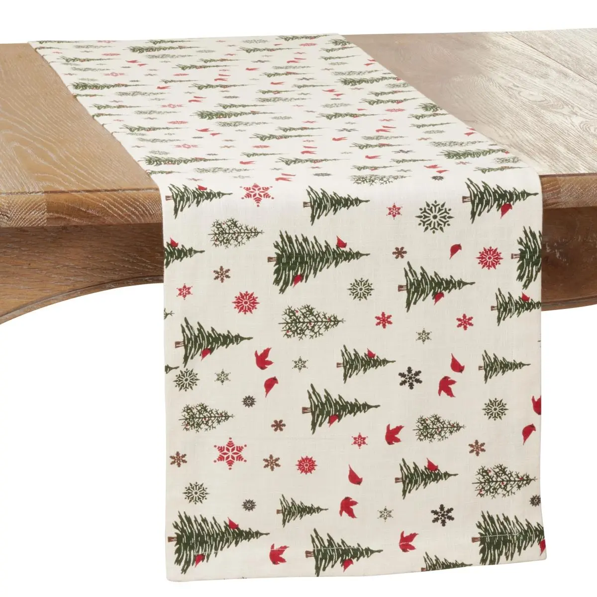 SARO Cotton Christmas Tree & Snowflakes Festive Table Runner - 14x72 in Oblong Ivory Machine Washable 1-Piece Kitchen Linen, Decor for Dinner Table with Care Instructions, Festive Runners, One-Piece