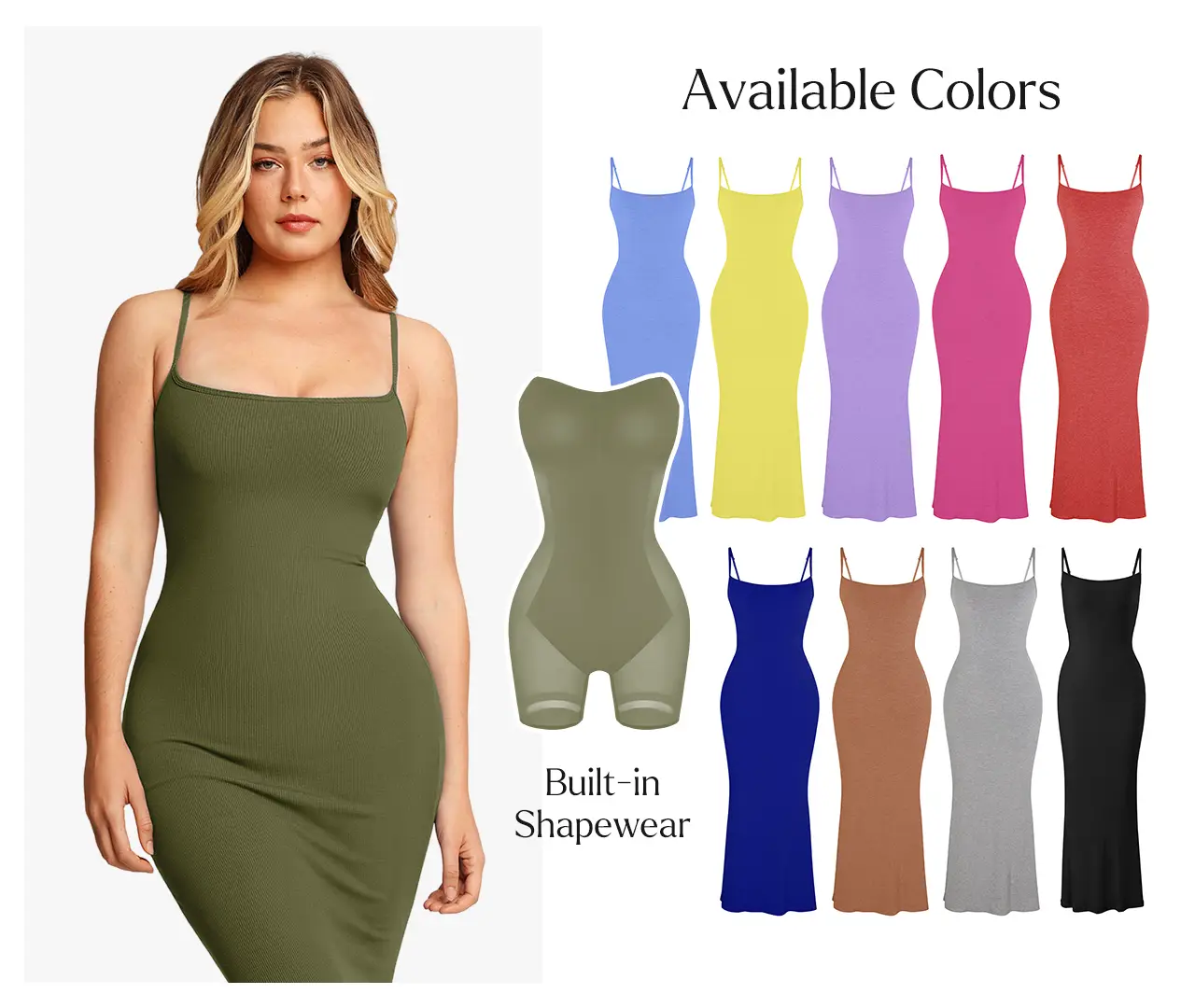 Popilush Sexy Bodycon Dress Spaghetti Strap Shapewear Tummy Control Soft Fabric Maxi Midi Min