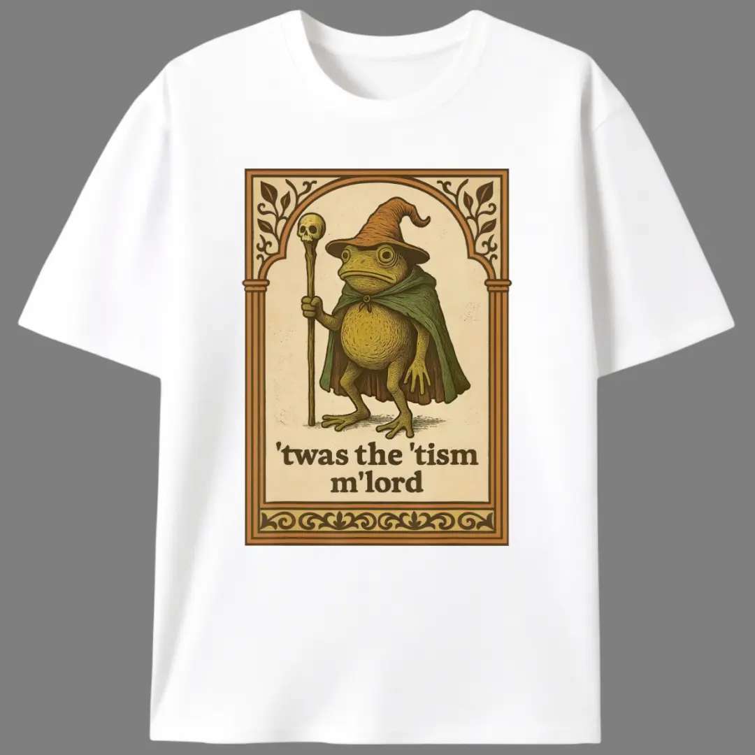 Men's Neurodivergent Tism Frog Wizard Meme Print Knit T-Shirt - Round Neck, Shortsleeve, Light Stretch Cotton, Fitted Cut, Unisex Casual All Seasons Menswear Top, Christmas Basics