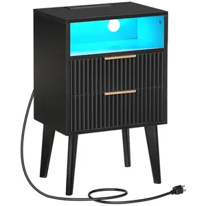 MAHANCRIS End Table, Fluted Nightstand with Charging Station and LED Lights, Modern Side Table with 2 Drawers and 1 Open Compartment, for Living Room, Bedroom, Study, Office, Black
