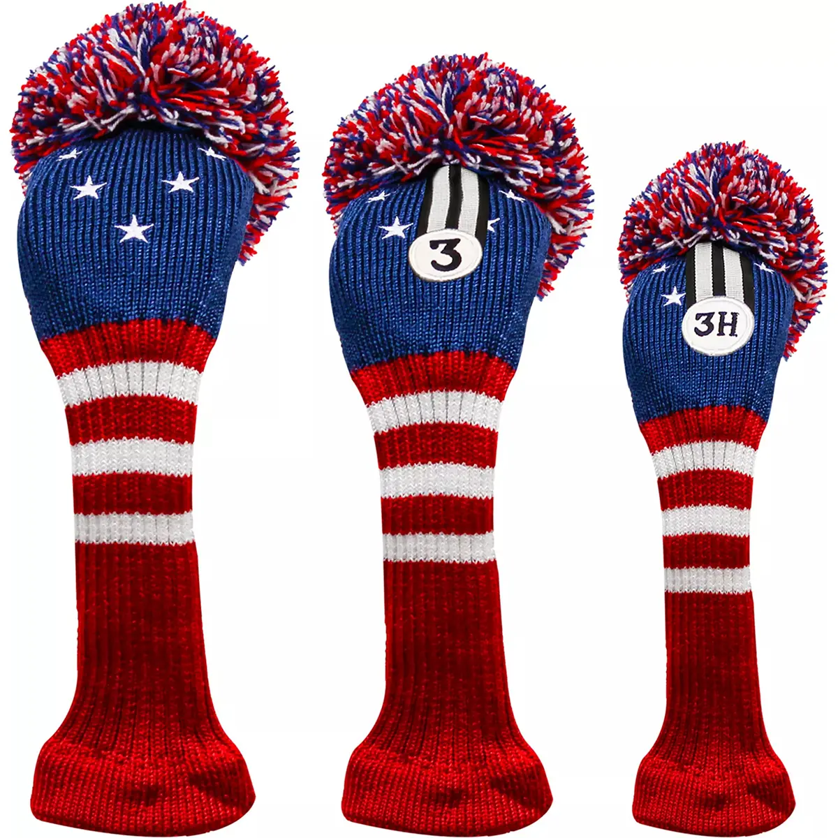 Izzo Vintage Knitted Golf Club Headcover - Red, White & Blue Striped Golf Accessory with Long Neck for Driver, Fairway & Hybrid Woods, Flexible