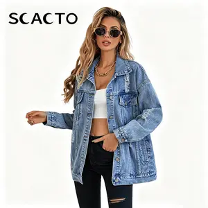 Scacto Women's Long Sleeve Collared Oversized Boyfriend Denim Jacket - Ripped, Distressed, Tassel Detail, Fitted Comfortable Fabric, Plus Size, Casual Style Clothes with Pockets Outerwear