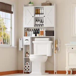 Farmhouse Over The Toilet Storage Cabinet 2025 Newest Version With 2 Barn Doors 7 Tiers Of Storage And Metal Feet For Bathroom And Laundry