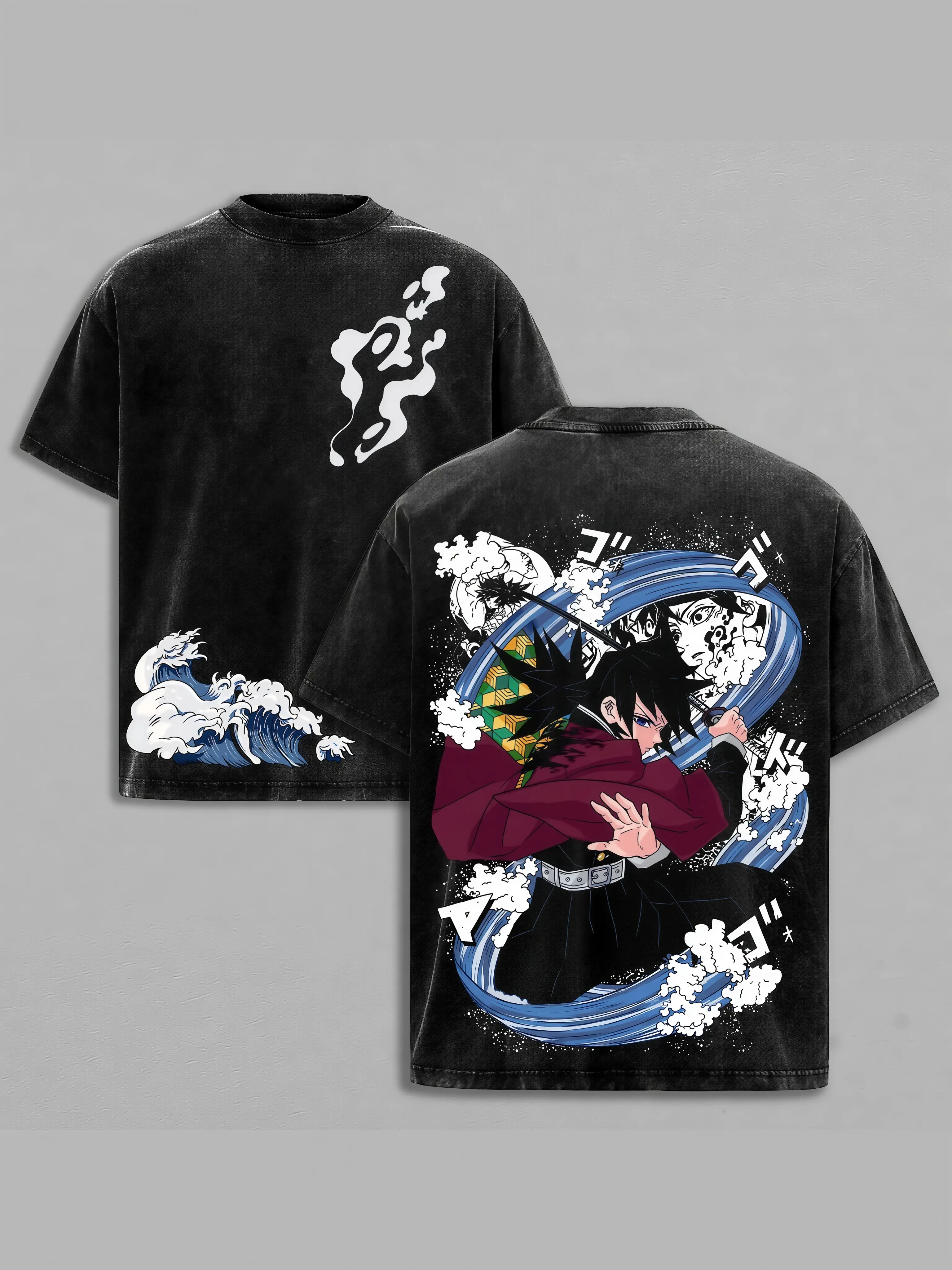 Giyu Tomioka Demon Slayer Retro Washed Oversized Menswear Casual Short-Sleeve Top - Water Hashira Anime Graphic Tee, Heavy Cotton Double-Printed Kimetsu No Yaiba Streetwear, Unisex Manga Fan Gift
